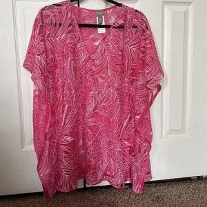 Chicos Sheer Hot Pink Tunic Caftan S/M Floral Cover Up Top Swim Beach Pool Women